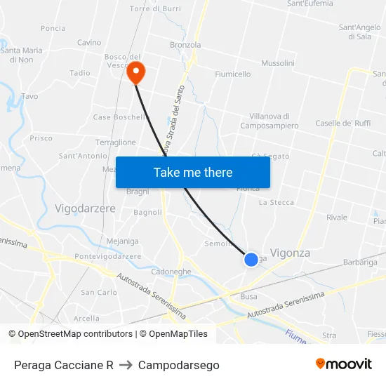 Peraga Cacciane to Campodarsego map