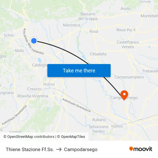 Thiene Railway Station to Campodarsego map