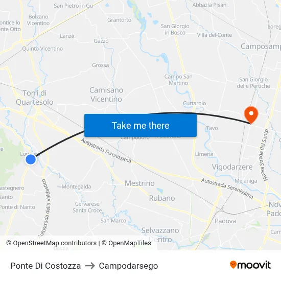 Costozza Bridge to Campodarsego map