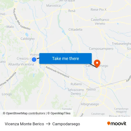 Vicenza Monte Berico to Campodarsego map