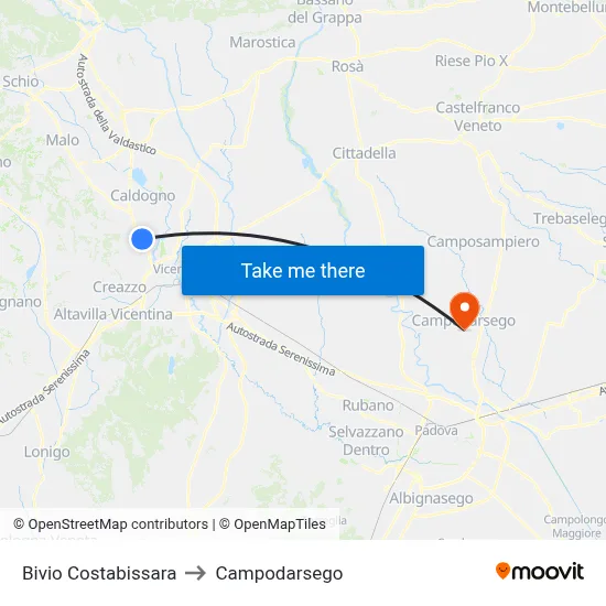 Costabissara Junction to Campodarsego map