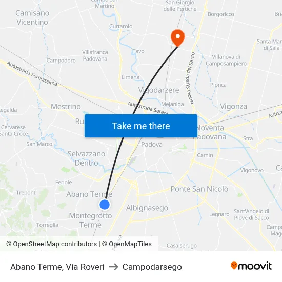 Abano Terme, Via Roveri to Campodarsego map