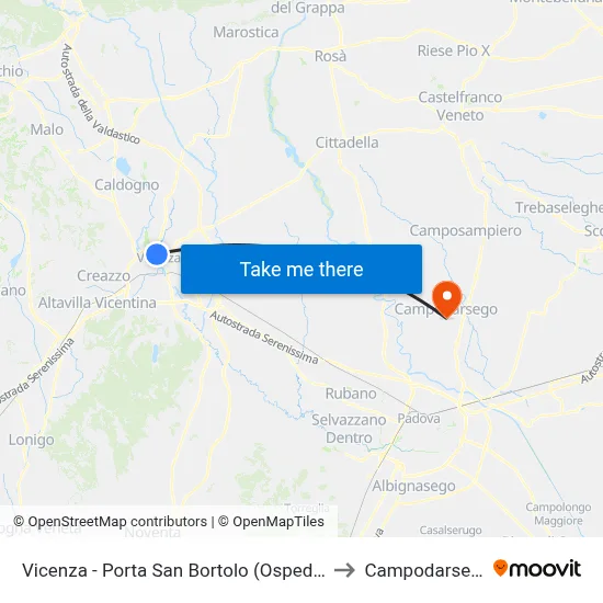 Vicenza - San Bortolo Gate (Hospital) to Campodarsego map