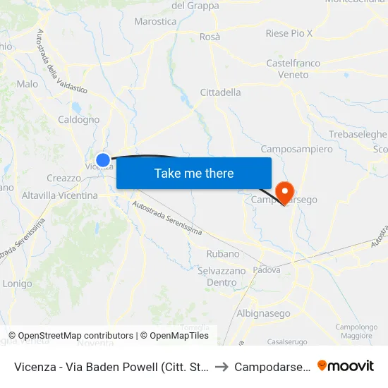 Vicenza - Via Baden Powell (University Campus) to Campodarsego map