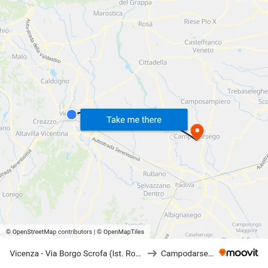Vicenza - Borgo Scrofa Street (Rossi Institute) to Campodarsego map