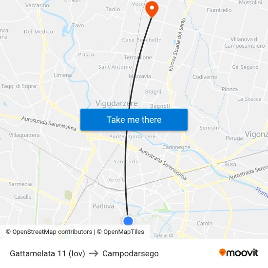 Gattamelata 11 (Iov) to Campodarsego map