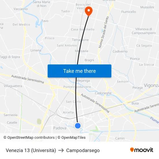 Venice 13 (University) to Campodarsego map