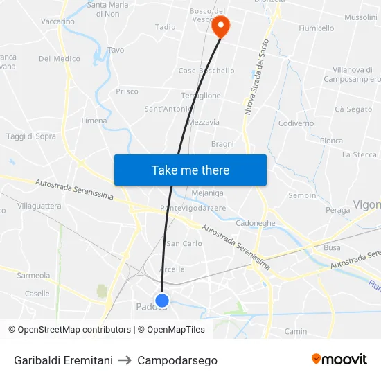 Garibaldi Eremitani to Campodarsego map