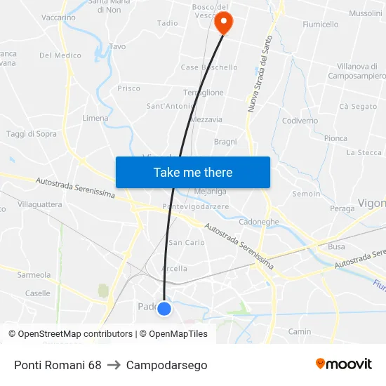 Roman Bridges 68 to Campodarsego map