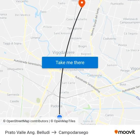Prato Valle Corner Belludi to Campodarsego map