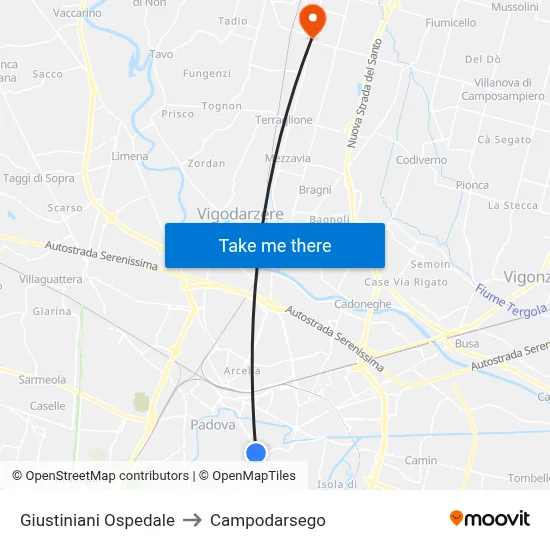 Giustiniani Hospital to Campodarsego map