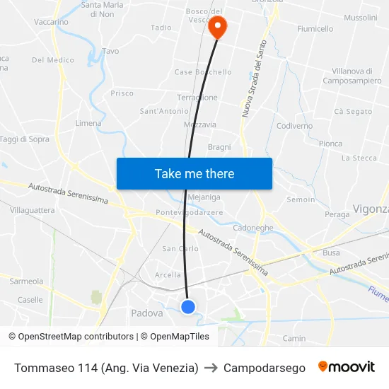Tommaseo 114 (Corner of Via Venezia) to Campodarsego map