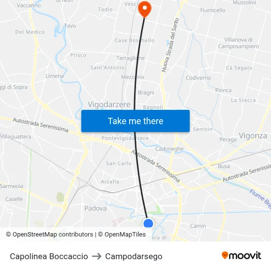 Boccaccio Terminal to Campodarsego map