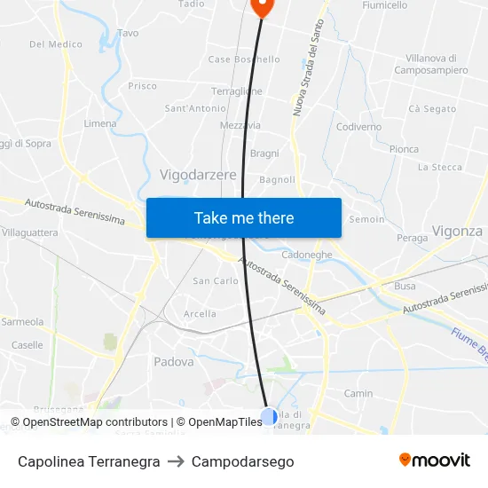 Terranegra Terminal to Campodarsego map