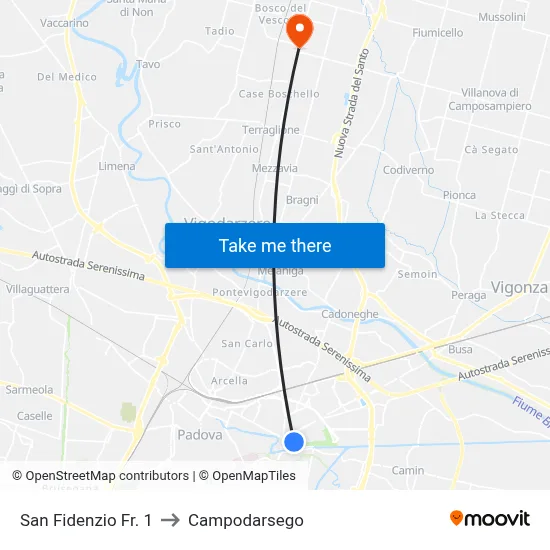San Fidenzio Stop 1 to Campodarsego map
