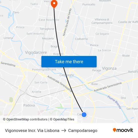 Vigonovese Lisbon Street Junction to Campodarsego map