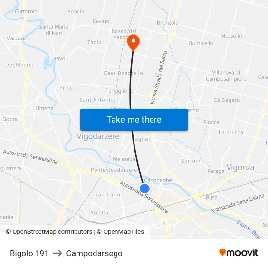 Bigolo 191 to Campodarsego map