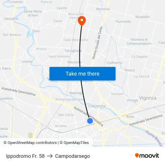 Hippodrome Stop 58 to Campodarsego map