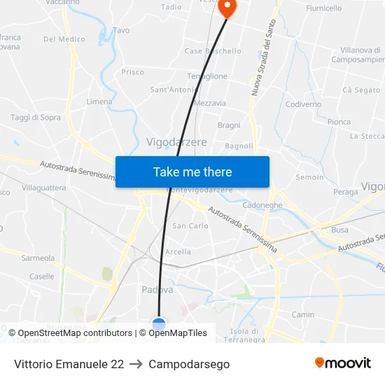 Vittorio Emanuele 22 to Campodarsego map
