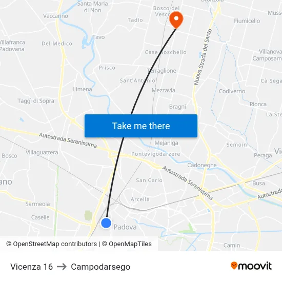 Vicenza 16 to Campodarsego map