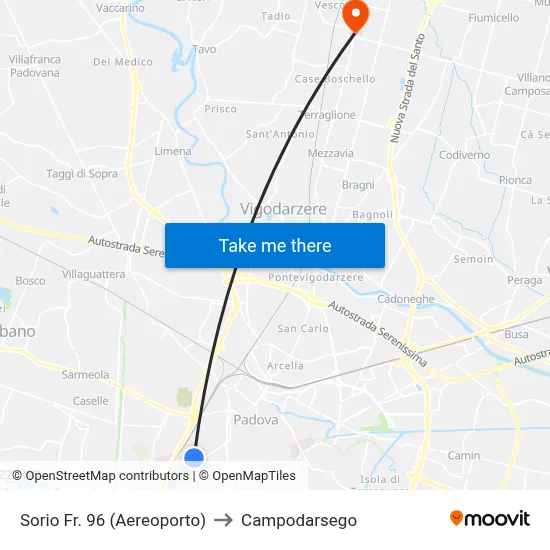 Sorio No. 96 (Airport) to Campodarsego map