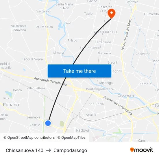 Chiesanuova 140 to Campodarsego map