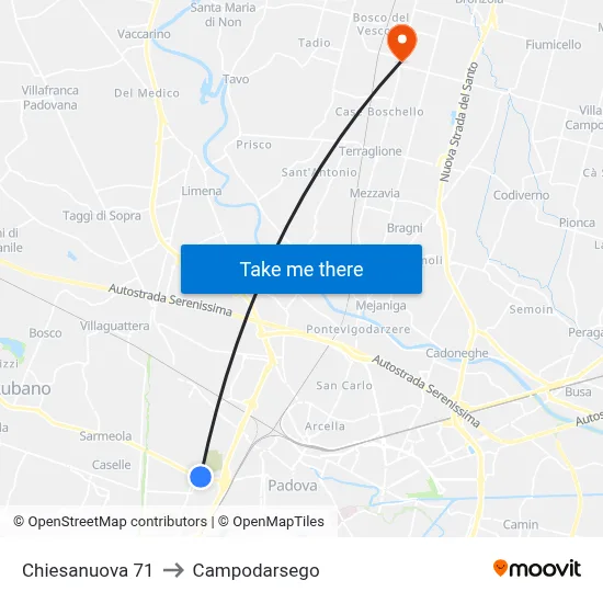 Chiesanuova 71 to Campodarsego map