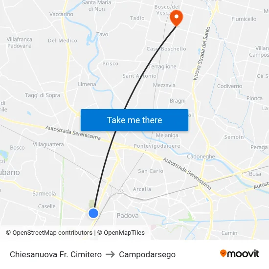 Chiesanuova Cemetery to Campodarsego map