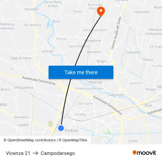 Vicenza 21 to Campodarsego map