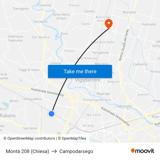 Montà 208 (Church) to Campodarsego map