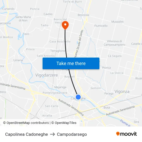 Cadoneghe Terminal to Campodarsego map