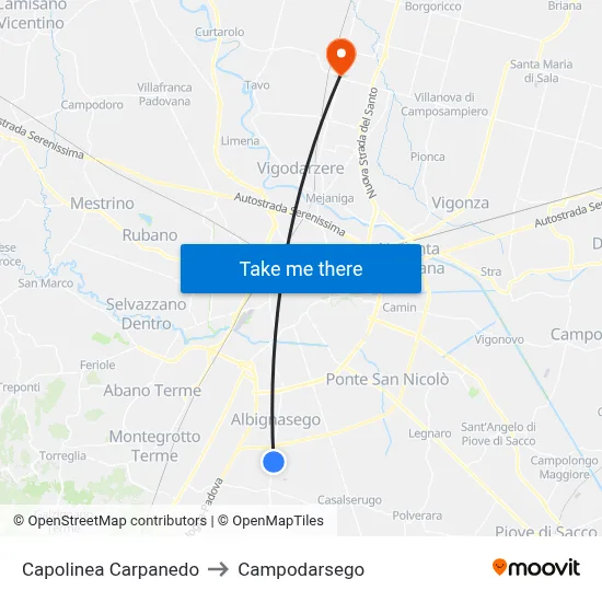 Carpanedo Terminal to Campodarsego map