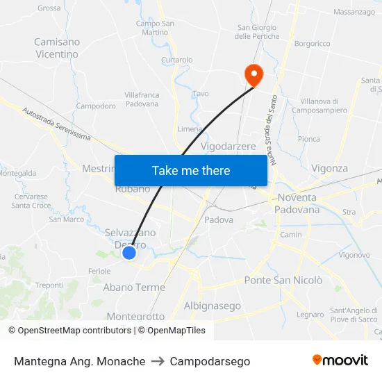 Mantegna Corner Monache to Campodarsego map