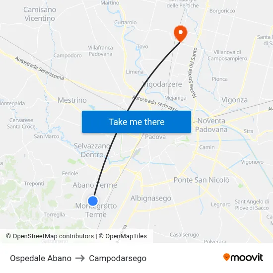 Abano Hospital to Campodarsego map