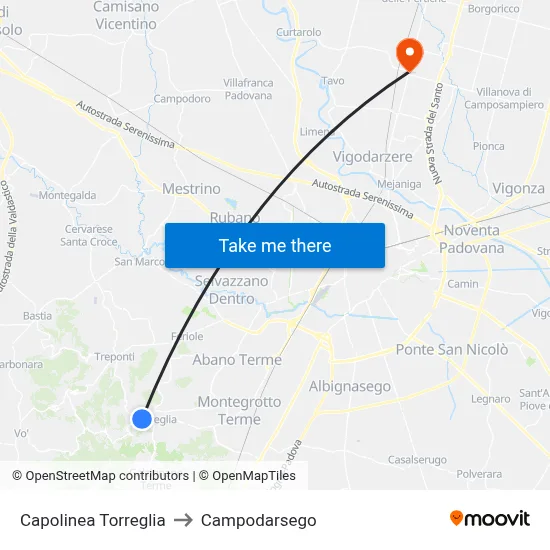 Torreglia Terminal to Campodarsego map
