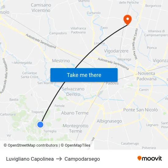 Luvigliano Terminal to Campodarsego map