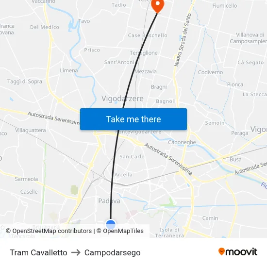 Tram Cavalletto to Campodarsego map