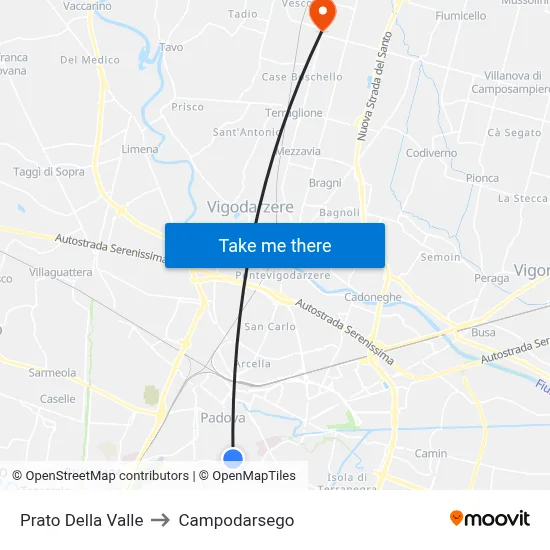 Prato Della Valle to Campodarsego map