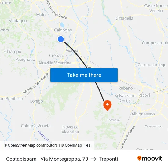 Costabissara - Via Montegrappa, 70 to Three Bridges map