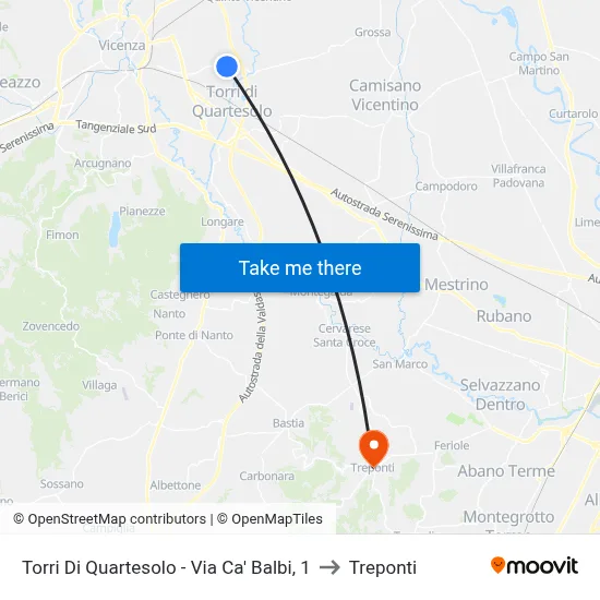 Torri Di Quartesolo - Via Ca' Balbi, 1 to Three Bridges map