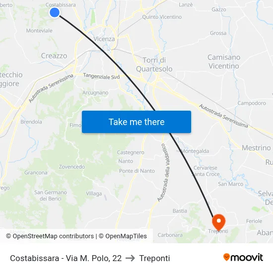 Costabissara - Marco Polo Street, 22 to Three Bridges map