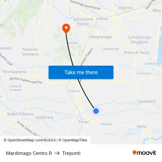 Mardimago Center to Three Bridges map