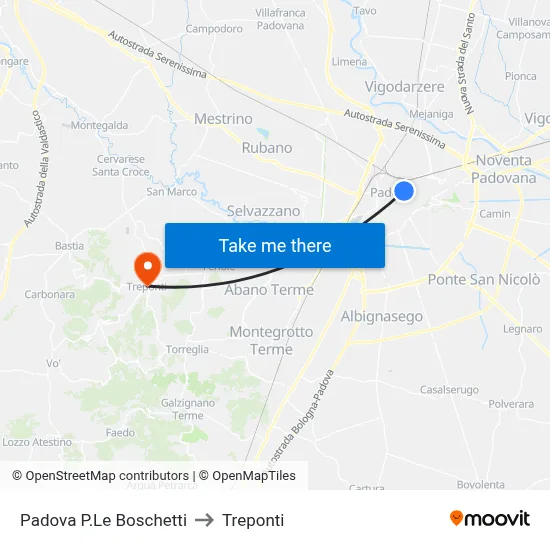 Padua Boschetti Square to Three Bridges map