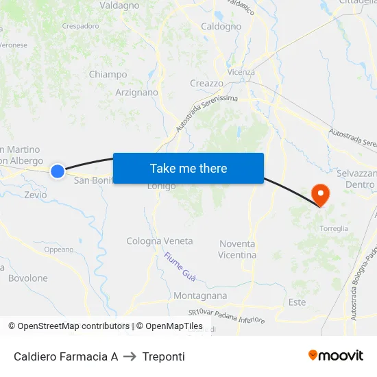 Caldiero Farmacia A to Three Bridges map