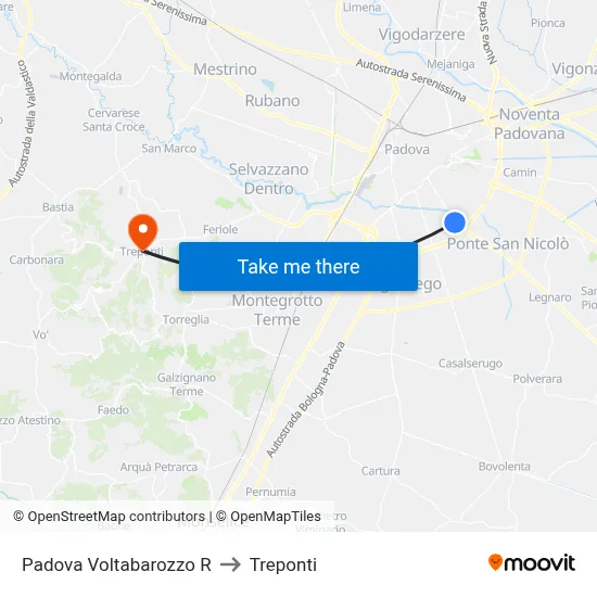 Padova Voltabarozzo R to Three Bridges map