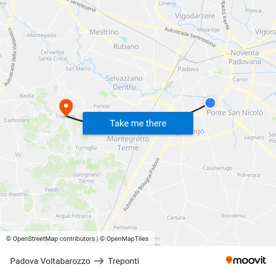 Padova Voltabarozzo to Three Bridges map
