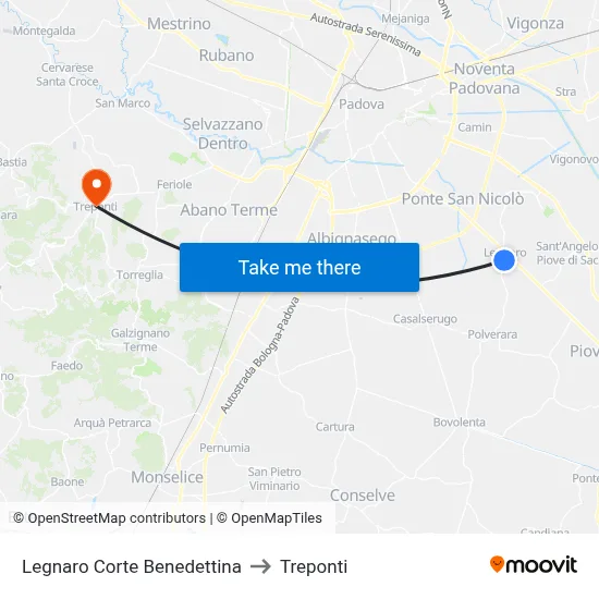 Legnaro Corte Benedettina to Three Bridges map