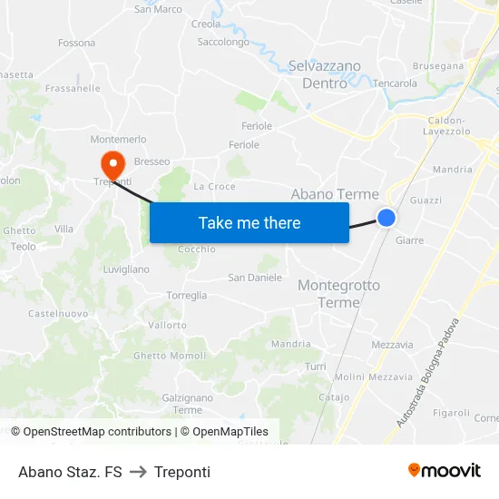 Abano Train Station to Three Bridges map