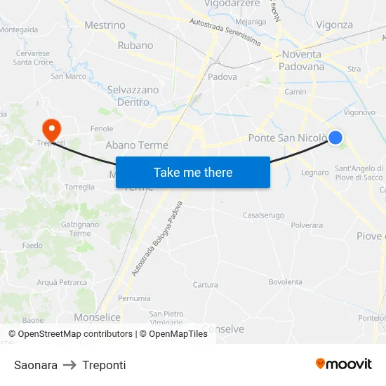 Saonara to Three Bridges map