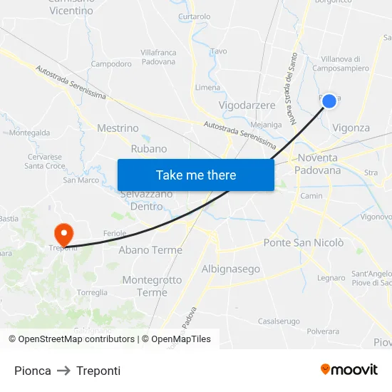 Pionca to Three Bridges map